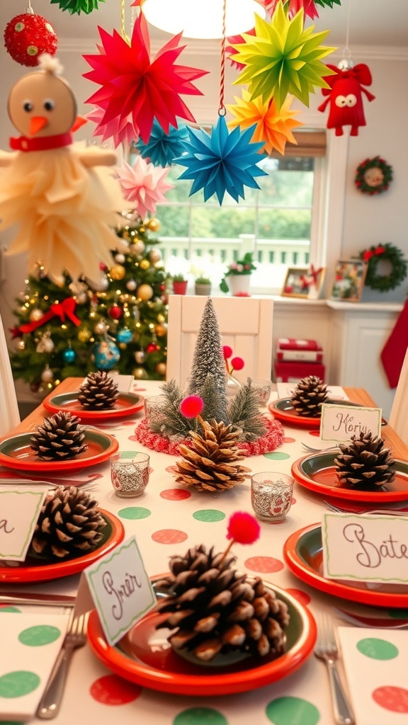 A festive Christmas table decorated with colorful kid-made crafts, including ornaments, centerpieces, and place cards.